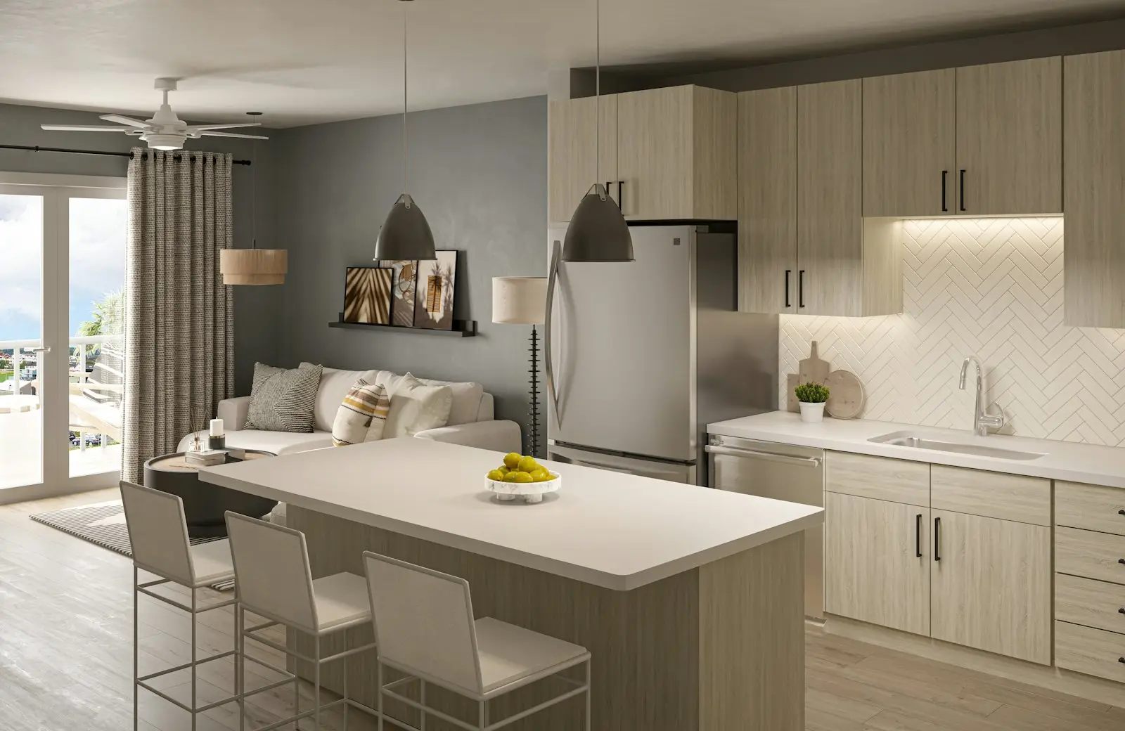 A bright residential kitchen with cabinets and counters. Boca Raton.